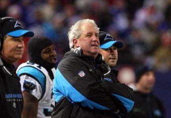 EAST RUTHERFORD, NJ - DECEMBER 21:  Head coach John Fox of the Carolina Panthers looks on against the New York Giants on December 21, 2008 at Giants Stadium in East Rutherford, New Jersey.  (Photo by Jim McIsaac/Getty Images)