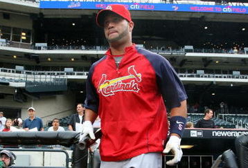 NEW YORK - JUNE 22:  Albert Pujols #5 of the St. Louis Cardinals takes the field for batting practice before playing the New York Mets on June 22, 2009 at Citi Field in the Flushing neighborhood of the Queens borough of New York City.  (Photo by Jim McIsaac/Getty Images)
