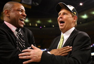 BOSTON - JUNE 17:  Head coach Doc Rivers and Executive Director of Basketball Operations Danny Ainge of the Boston Celtics celebrate after defeating the Los Angeles Lakers in Game Six of the 2008 NBA Finals on June 17, 2008 at TD Banknorth Garden in Boston, Massachusetts. NOTE TO USER: User expressly acknowledges and agrees that, by downloading and/or using this Photograph, user is consenting to the terms and conditions of the Getty Images License Agreement.  (Photo by Elsa/Getty Images)