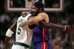 BOSTON - MAY 20:  Kevin Garnett #5 of the Boston Celtics greets Rasheed Wallace #36 of the Detroit Pistons before Game One of the 2008 NBA Eastern Conference finals at the TD Banknorth Garden on May 20, 2008 in Boston, Massachusetts. NOTE TO USER: User expressly acknowledges and agrees that, by downloading and or using this photograph, User is consenting to the terms and conditions of the Getty Images License Agreement.  (Photo by Elsa/Getty Images)