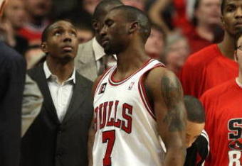 CHICAGO - APRIL 30: Ben Gordon #7 of the Chicago Bulls reacts after looking at the replay screen after fouling out against the Boston Celtics in Game Six of the Eastern Conference Quarterfinals during the 2009 NBA Playoffs at the United Center on April 30, 2009 in Chicago, Illinois. The Bulls defeated the Celtics 128-127 in triple-overtime. NOTE TO USER: User expressly acknowledges and agreees that, by downloading and/or using this Photograph, User is consenting to the terms and conditions of the Getty Images License Agreement. (Photo by Jonathan Daniel/Getty Images)