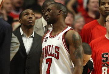 CHICAGO - APRIL 30: Ben Gordon #7 of the Chicago Bulls reacts after looking at the replay screen after fouling out against the Boston Celtics in Game Six of the Eastern Conference Quarterfinals during the 2009 NBA Playoffs at the United Center on April 30, 2009 in Chicago, Illinois. The Bulls defeated the Celtics 128-127 in triple-overtime. NOTE TO USER: User expressly acknowledges and agreees that, by downloading and/or using this Photograph, User is consenting to the terms and conditions of the Getty Images License Agreement. (Photo by Jonathan Daniel/Getty Images)