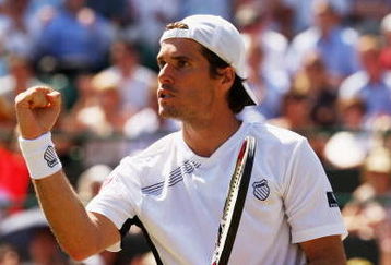 WIMBLEDON, ENGLAND - JULY 01:  Tommy Haas of Germany celebrates during the men's singles quarter final match against Novak Djokovic of Serbia on Day Nine of the Wimbledon Lawn Tennis Championships at the All England Lawn Tennis and Croquet Club on July 1, 2009 in London, England.  (Photo by Ian Walton/Getty Images)