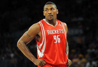 LOS ANGELES, CA - MAY 06:  Ron Artest #96 of the Houston Rockets looks on against the Los Angeles Lakers in Game Two of the Western Conference Semifinals during the 2009 NBA Playoffs at Staples Center on May 6, 2009 in Los Angeles, California. NOTE TO USER: User expressly acknowledges and agrees that, by downloading and or using this photograph, User is consenting to the terms and conditions of the Getty Images License Agreement.  (Photo by Harry How/Getty Images)