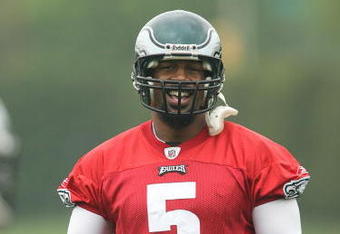 PHILADELPHIA - MAY 1: Quarterback Donovan McNabb #5 of the Philadelphia Eagles looks on during minicamp practice at the NovaCare Complex on May 1, 2009 in Philadelphia, Pennsylvania. (Photo by Hunter Martin/Getty Images)