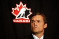 MONTREAL, QC - JUNE 25: Team Canada Men's Olympic Hockey executive director Steve Yzerman looks on during a press conference to announce Team Canada's 2010 Winter Olympic Men's Hockey coaching staff June 25, 2009 at the Hilton Bonaventure hotel in Montreal, Canada. (Photo by Jamie Squire/Getty Images)