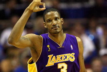 ORLANDO, FL - JUNE 14:  Trevor Airza #3 of the Los Angeles Lakers celebrates a three-point shot in the first half against the Orlando Magic in Game Five of the 2009 NBA Finals on June 14, 2009 at Amway Arena in Orlando, Florida.  NOTE TO USER:  User expressly acknowledges and agrees that, by downloading and or using this photograph, User is consenting to the terms and conditions of the Getty Images License Agreement.  (Photo by Elsa/Getty Images)