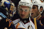 ANAHEIM, CA - FEBRUARY 15:  Captain Ilya Kovalchuk #17 of the Atlanta Thrashers congratulates goaltender Kari Lehtonen #32 as teammate Chris Thorburn #27 looks on after they defeated the Anaheim Ducks 8-4 in their NHL game at Honda Center on February 15, 2009 in Anaheim, California. The Thrashers defeated the Ducks 8-4.  (Photo by Victor Decolongon/Getty Images)