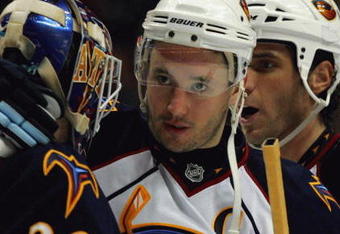 ANAHEIM, CA - FEBRUARY 15:  Captain Ilya Kovalchuk #17 of the Atlanta Thrashers congratulates goaltender Kari Lehtonen #32 as teammate Chris Thorburn #27 looks on after they defeated the Anaheim Ducks 8-4 in their NHL game at Honda Center on February 15, 2009 in Anaheim, California. The Thrashers defeated the Ducks 8-4.  (Photo by Victor Decolongon/Getty Images)