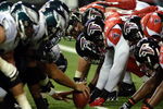 Philadelphia Eagles and  Atlanta Falcons  line up in the trenches  during a Monday Night Football game on ABC September 12, 2005 in Atlanta.  (Photo by Al Messerschmidt/Getty Images)