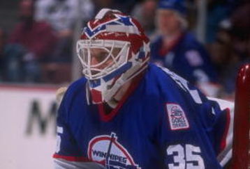 27 Jan 1995:  Goaltender Nikolai Khabibulin of the Winnipeg Jets looks on during a game against the Anaheim Mighty Ducks at Arrowhead Pond in Anaheim, California.  The Ducks won the game, 3-2. Mandatory Credit: Al Bello  /Allsport