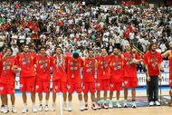 SAITAMA, JAPAN - SEPTEMBER 3:  Spain celebrates after defeating Greece in the 2006 FIBA World Championship Final Round on September 3, 2006 at the Saitama Super Arena in Saitama, Japan. Spain defeated Greece 70-47 to win the championship.  (Photo by Koichi Kamoshida/Getty Images)
