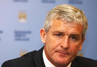 MANCHESTER, ENGLAND - JUNE 11:  Manager of Manchester City Mark Hughes speaks to the media during a press conference to unveil Gareth Barry, the club's new signing, at the City of Manchester Stadium on June 11, 2009 in Manchester, England.  (Photo by Matthew Lewis/Getty Images)
