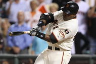 SAN FRANCISCO - SEPTEMBER 26:  Barry Bonds #25 of the San Francisco Giants flies out during his final home at bat as a Giant against the San Diego Padres during a Major League Baseball game on September 26, 2007 at AT&T Park in San Francisco, California.  (Photo by Jed Jacobsohn/Getty Images)