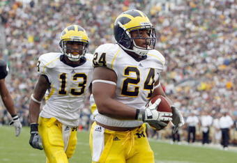 SOUTH BEND,IN - SEPTEMBER 13:  Kevin Grady #24 of the Michigan Wolverines carries the ball during the game against the Notre Dame Fighting Irish on September 13, 2008 at Notre Dame Stadium in South Bend, Indiana. (Photo by: Gregory Shamus/Getty Images)