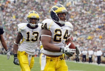 SOUTH BEND,IN - SEPTEMBER 13:  Kevin Grady #24 of the Michigan Wolverines carries the ball during the game against the Notre Dame Fighting Irish on September 13, 2008 at Notre Dame Stadium in South Bend, Indiana. (Photo by: Gregory Shamus/Getty Images)