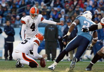 NASHVILLE, TN - DECEMBER 7:   Phil Dawson #4 of the Cleveland Browns kicks a field goal during the game against the Tennessee Titans on December 7, 2008 at LP Field in Nashville, Tennessee.  (Photo by Kevin C. Cox/Getty Images)