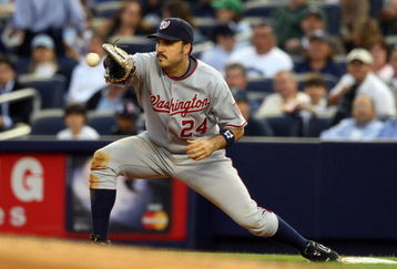 NEW YORK - JUNE 17:  Nick Johnson #24 of the Washington Nationals makes a catch against the New York Yankees on June 17, 2009 at Yankee Stadium in the Bronx borough of New York City.  (Photo by Jim McIsaac/Getty Images)