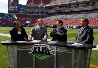 TAMPA, FL - FEBRUARY 01: (L-R) The ESPN pregame show with host Mike Tirico and analysts Trent Dilfer, Steve Young and Ron Jaworski before Super Bowl XLIII on February 1, 2009 at Raymond James Stadium in Tampa, Florida.  (Photo by Jamie Squire/Getty Images)