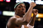 BOSTON - MAY 02:  Paul Pierce #34 of the Boston Celtics celebrates the win over the Chicago Bulls in Game Seven of the Eastern Conference Quarterfinals during the 2009 NBA Playoffs at TD Banknorth Garden on May 2, 2009 in Boston, Massachusetts. The Celtics defeated the Bulls 109-99. NOTE TO USER: User expressly acknowledges and agrees that, by downloading and or using this photograph, User is consenting to the terms and conditions of the Getty Images License Agreement.  (Photo by Elsa/Getty Images)