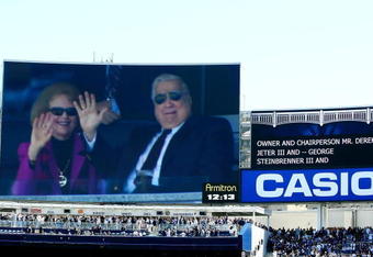 NEW YORK - APRIL 16:  Owner George Steinbrenner (R) is seen on the jumbotron during an opening day ceremony at the new Yankee Stadium on April 16, 2009 in the Bronx borough of New York City. This is the first regular season MLB game being played at the new venue which replaced the old Yankee Stadium as the Yankees home field.  (Photo by Chris McGrath/Getty Images)