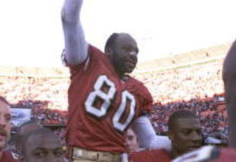 17 Dec 2000: Jerry Rice #80 of the San Francisco 49ers is carried off the field after defeating the Chicago Bears during a game at 3Comm Park in San Francisco, California. DIGITAL IMAGE. Mandatory Credit: Jed Jacobsohn/ALLSPORT