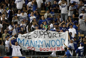 LOS ANGELES - MAY 7:  Fans hold a smuggled in banner supporting suspended Dodger Manny Ramirez during the seventh inning stretch of the game between the Los Angeles Dodgers the Washington Nationals on May 7, 2009 at Dodger Stadiium in Los Angeles, California.  All banners are prohibited in Dodger Stadium.  (Photo by Stephen Dunn/Getty Images)
