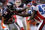 DENVER - DECEMBER 21:  Wide receiver Brandon Marshall #15 of the Denver Broncos makes a reception as Terrence McGee #24 of the Buffalo Bills defends during NFL action at Invesco Field at Mile High on December 21, 2008 in Denver, Colorado. The Bills defeated the Broncos 30-23.  (Photo by Doug Pensinger/Getty Images)