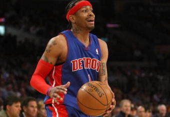 LOS ANGELES, CA - NOVEMBER 14:  Allen Iverson #1 of the Detroit Pistons dribbles the ball against the Los Angeles Lakers on November 14, 2008 at Staples Center in Los Angeles, California.   NOTE TO USER: User expressly acknowledges and agrees that, by downloading and/or using this Photograph, user is consenting to the terms and conditions of the Getty Images License Agreement.  (Photo by Stephen Dunn/Getty Images)