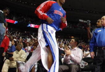 AUBURN HILLS, MI - MAY 26:  Chauncey Billups #1 of the Detroit Pistons jogs into the court before Game Four of the Eastern Conference Finals against the Boston Celtics during the 2008 NBA Playoffs at the Palace at Auburn Hills on May 26, 2008 in Auburn Hills, Michigan.  The Pistons won 94-75.  NOTE TO USER: User expressly acknowledges and agrees that, by downloading and/or using this photograph, user is consenting to the terms and conditions of the Getty Images License Agreement. (Photo by Elsa/Getty Images)