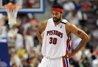 AUBURN HILLS, MI - APRIL 24:  Rasheed Wallace #30 of the Detroit Pistons looks on while playing the Cleveland Cavaliers in Game Three of the Eastern Conference Quarterfinals during the 2009 NBA Playoffs at the Palace of Auburn Hills on April 24, 2009 in Auburn Hills, Michigan. Cleveland won the game 79-68 to take a 3-0 series lead NOTE TO USER: User expressly acknowledges and agrees that, by downloading and or using this photograph, User is consenting to the terms and conditions of the Getty Images License Agreement.  (Photo by Gregory Shamus/Getty Images)