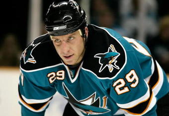 SAN JOSE, CA - APRIL 09:  Ryane Clowe #29 of the San Jose Sharks leans in for a face off during game one of the 2008 NHL conference quarter-final series against the Calgary Flamesat HP Pavilion on April 9, 2008 in San Jose, California.  The Flames defeated the Sharks 3-2 to take 1-0 series lead. (Photo by Christian Petersen/Getty Images)