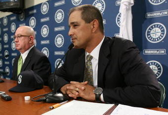 SEATTLE - NOVEMBER 19:  General Manager Jack Zduriencik (L) of the Seattle Mariners and new manager Don Wakamatsu take questions during a press conference introducing Wakamatsu at Safeco Field November 19, 2008 in Seattle, Washington. (Photo by Otto Greule Jr/Getty Images)