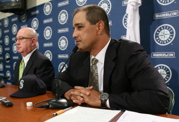 SEATTLE - NOVEMBER 19:  General Manager Jack Zduriencik (L) of the Seattle Mariners and new manager Don Wakamatsu take questions during a press conference introducing Wakamatsu at Safeco Field November 19, 2008 in Seattle, Washington. (Photo by Otto Greule Jr/Getty Images)