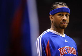 EAST RUTHERFORD, NJ - NOVEMBER 07:  Allen Iverson #1 of the Detroit Pistons warms up before the game against the New Jersey Nets on November 7, 2008 at the Izod Arena in East Rutherford, New Jersey.  The Nets won 103-96.  NOTE TO USER: User expressly acknowledges and agrees that, by downloading and/or using this Photograph, user is consenting to the terms and conditions of the Getty Images License Agreement.  (Photo by Jeff Zelevansky/Getty Images)