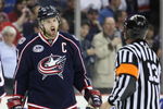 COLUMBUS, OHIO - APRIL 23:  Rick Nash #61 of the Columbus Blue Jackets reacts to a late call to referee Dan O'Halloran #13 against the Detroit Red Wings during Game Four of the Western Conference Quarterfinals of the 2009 Stanley Cup Playoffs on April 23, 2009 at the Nationwide Arena in Columbus, Ohio. The Red Wings defeated the Blue Jackets 6-5 on a late goal by Johan Franzen to eliminate the Blue Jackets 4 games to 0. (Photo by Claus Andersen/Getty Images