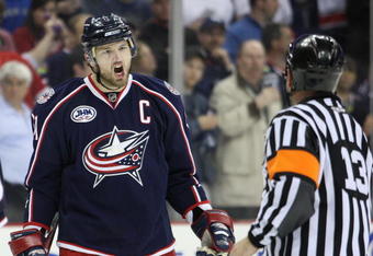 COLUMBUS, OHIO - APRIL 23:  Rick Nash #61 of the Columbus Blue Jackets reacts to a late call to referee Dan O'Halloran #13 against the Detroit Red Wings during Game Four of the Western Conference Quarterfinals of the 2009 Stanley Cup Playoffs on April 23, 2009 at the Nationwide Arena in Columbus, Ohio. The Red Wings defeated the Blue Jackets 6-5 on a late goal by Johan Franzen to eliminate the Blue Jackets 4 games to 0. (Photo by Claus Andersen/Getty Images