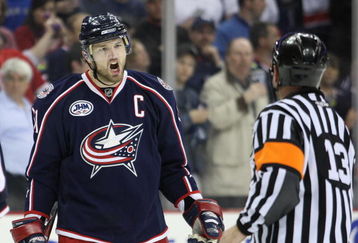 COLUMBUS, OHIO - APRIL 23:  Rick Nash #61 of the Columbus Blue Jackets reacts to a late call to referee Dan O'Halloran #13 against the Detroit Red Wings during Game Four of the Western Conference Quarterfinals of the 2009 Stanley Cup Playoffs on April 23, 2009 at the Nationwide Arena in Columbus, Ohio. The Red Wings defeated the Blue Jackets 6-5 on a late goal by Johan Franzen to eliminate the Blue Jackets 4 games to 0. (Photo by Claus Andersen/Getty Images