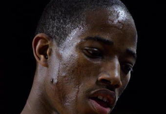 LOS ANGELES, CA - JANUARY 15:  DeMar DeRozan #10 of USC looks on after a timeout in the first half of the game against Arizona State at Galen Center on January 15, 2009 in Los Angeles, California. The Trojans defeated the Sun Devils 61-49.  (Photo by Victor Decolongon/Getty Images)