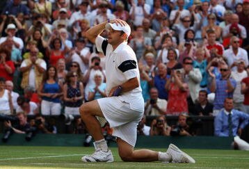 WIMBLEDON, ENGLAND - JULY 03:  Andy Roddick of USA shows his emotions as he celebrates victory during the men's singles semi final match against Andy Murray of Great Britain on Day Eleven of the Wimbledon Lawn Tennis Championships at the All England Lawn Tennis and Croquet Club on July 3, 2009 in London, England.  (Photo by Julian Finney/Getty Images)