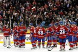 MONTREAL- APRIL 22:  Members of the Montreal Canadiens wave to fans after being defeated 4-1 by the Boston Bruins in Game Four of the Eastern Conference Quarterfinals of the 2009 Stanley Cup Playoffs at the Bell Centre on April 22, 2009 in Montreal, Quebec, Canada.  The Bruins defeated the Canadiens 4-1 winning the series 4-0.  (Photo by Richard Wolowicz/Getty Images)