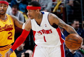 CLEVELAND - FEBRUARY 22:  Allen Iverson #1 of the Detroit Pistons moves past Mo Williams #2 of the Cleveland Cavaliers during the game on February 22, 2009 at the Quicken Loans Arena in Cleveland, Ohio.  The Cavaliers won 99-78.  NOTE TO USER: User expressly acknowledges and agrees that, by downloading and or using this photograph, User is consenting to the terms and conditions of the Getty Images License Agreement.  (Photo by Gregory Shamus/Getty Images)