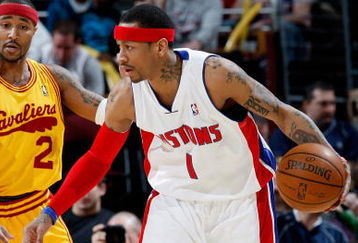 CLEVELAND - FEBRUARY 22:  Allen Iverson #1 of the Detroit Pistons moves past Mo Williams #2 of the Cleveland Cavaliers during the game on February 22, 2009 at the Quicken Loans Arena in Cleveland, Ohio.  The Cavaliers won 99-78.  NOTE TO USER: User expressly acknowledges and agrees that, by downloading and or using this photograph, User is consenting to the terms and conditions of the Getty Images License Agreement.  (Photo by Gregory Shamus/Getty Images)