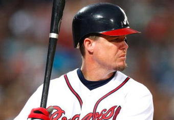 ATLANTA - JUNE 25:  Chipper Jones #10 of the Atlanta Braves against the New York Yankees at Turner Field on June 25, 2009 in Atlanta, Georgia.  (Photo by Kevin C. Cox/Getty Images)