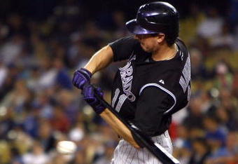 LOS ANGELES, CA - JUNE 30:  Brad Hawpe #11 of the Colorado Rockies at bat against the Los Angeles Dodgers at Dodger Stadium on June 30, 2009 in Los Angeles, California.  (Photo by Jeff Gross/Getty Images)