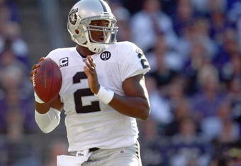 BALTIMORE - OCTOBER 26:  Quarterback JaMarcus Russell #2 of the Oakland Raiders looks to pass the ball during the game against the Baltimore Raven at M&T Bank Stadium on October 26, 2008 in Baltimore, Maryland. (Photo by: Chris McGrath/Getty Images)