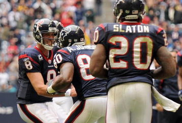 HOUSTON - DECEMBER 28:  Matt Schaub #8 of the Houston Texans celebrates his touchdown pass with Andre Johnson #80 against the Chicago Bears during the first half at the Reliant Stadium December 28, 2008 in Houston, Texas.  (Photo by Harry How/Getty Images)