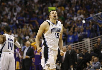 ORLANDO, FL - JUNE 11:  Hedo Turkoglu #15 of the Orlando Magic heads toward the sideline during Game Four of the 2009 NBA Finals against the Los Angeles Lakers on June 11, 2009 at Amway Arena in Orlando, Florida. The Lakers won in overtime 99-91. NOTE TO USER:  User expressly acknowledges and agrees that, by downloading and or using this photograph, User is consenting to the terms and conditions of the Getty Images License Agreement. (Photo by Chris Graythen/Getty Images)