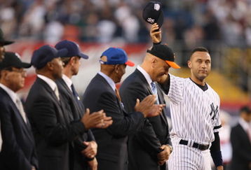NEW YORK - JULY 15:  Hall of Famers Luis Aparicio, Ozzie Smith, Robin Yount, Ernie Banks and Cal Ripken Jr. look on as American League All-Star Derek Jeter #2 of the New York Yankees salutes the crowd in pregame ceremonies during the 79th MLB All-Star Game against the National League All-Stars at Yankee Stadium on July 15, 2008 in New York, New York. (Photo by Nick Laham/Getty Images)