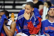 AUBURN HILLS, MI - APRIL 26: (L-R) Arron Afflalo #28, Tayshaun Prince #22 and Walter Herrmann #5 of the Detroit Pistons sit on the bench in Game Four of the Eastern Conference Quarterfinals against the Cleveland Cavaliers during the 2009 NBA Playoffs at the Palace of Auburn Hills on April 26, 2009 in Auburn Hills, Michigan. The Cavaliers won 99-78. NOTE TO USER: User expressly acknowledges and agrees that, by downloading and or using this photograph, User is consenting to the terms and conditions of the Getty Images License Agreement. (Photo by Gregory Shamus/Getty Images)